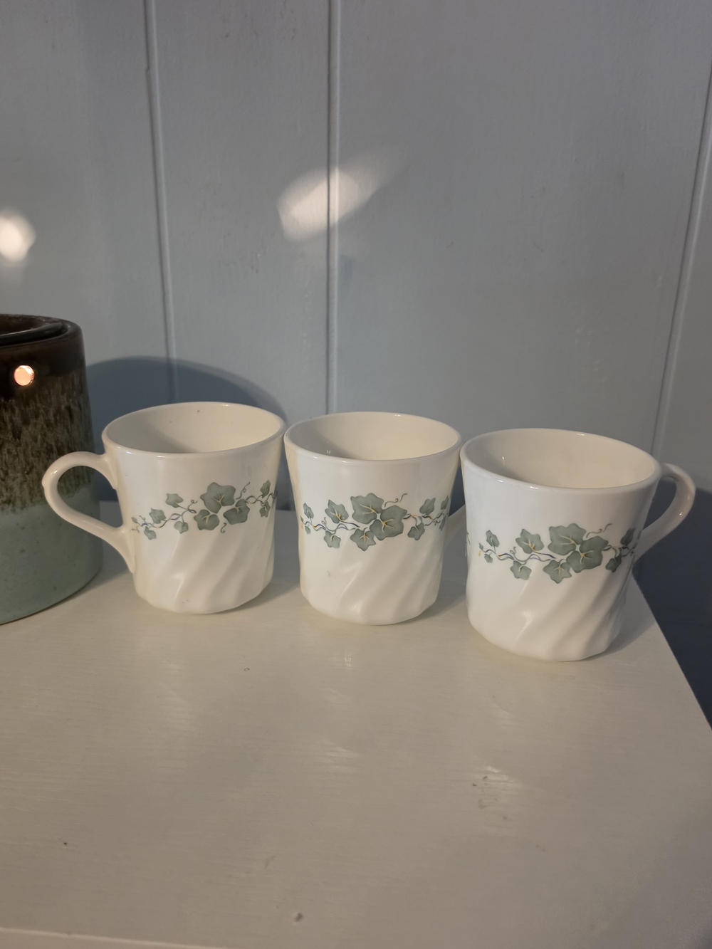 Corningware White Mugs with Green Ivy Pattern - Set of 3